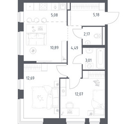 Планировка двухкомнатной(квартира) площадью 55.58 квадратных метров в ЖК “ЖК Новое Видное”