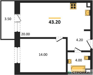 Планировка однокомнатной(квартира) площадью 43.3 квадратных метров в ЖК “ЖК Одинцовские кварталы”
