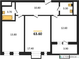 Планировка двухкомнатной(квартира) площадью 63.6 квадратных метров в ЖК “ЖК Римский”