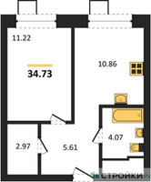 Планировка однокомнатной(квартира) площадью 34.73 квадратных метров в “ЖК Апарт-отель Тропарево парк”