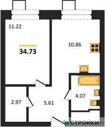 Планировка однокомнатной(квартира) площадью 34.73 квадратных метров в ЖК “ЖК Апарт-отель Тропарево парк”