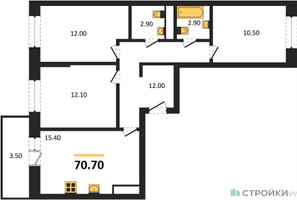 Планировка трехкомнатной(квартира) площадью 70.7 квадратных метров в “ЖК Одинцовские кварталы”