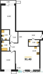 Планировка двухкомнатной(квартира) площадью 91.4 квадратных метров в ЖК “ЖК Дзен-кварталы”