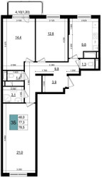 Планировка трехкомнатной(квартира) площадью 78.5 квадратных метров в ЖК “ЖК Одинцово Сити”
