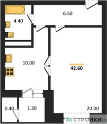 Планировка однокомнатной(квартира) площадью 42.6 квадратных метров в ЖК “ЖК Три квартала”