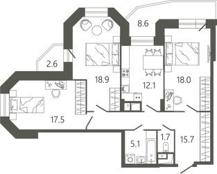 Планировка трехкомнатной(квартира) площадью 92.9 квадратных метров в ЖК “ЖК Советская 18”