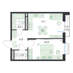 Планировка однокомнатной(квартира) площадью 44.2 квадратных метров в ЖК “ЖК G3 Михалевич”