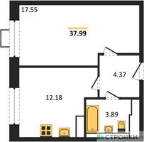 Планировка однокомнатной(квартира) площадью 37.99 квадратных метров в “ЖК Прибрежный Парк”
