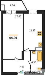 Планировка однокомнатной(квартира) площадью 44.01 квадратных метров в ЖК “ЖК Егорово Парк”