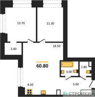Планировка двухкомнатной(квартира) площадью 60.8 квадратных метров в “ЖК Upside Towers (Апсайд Тауэрс)”
