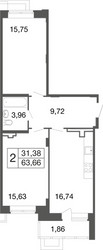 Планировка двухкомнатной(квартира) площадью 63.7 квадратных метров в ЖК “ЖК Времена года”