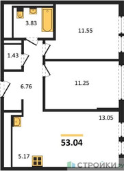Планировка двухкомнатной(квартира) площадью 53.04 квадратных метров в ЖК “ЖК Остафьево”