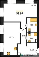 Планировка однокомнатной(квартира) площадью 53.97 квадратных метров в “ЖК UltimaСity (УльтимаСити)”