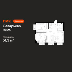 Планировка двухкомнатной(квартира) площадью 51.3 квадратных метров в ЖК “ЖК Саларьево парк”