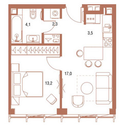 Планировка однокомнатной(квартира) площадью 40.3 квадратных метров в ЖК “ЖК Symphony 34 (Симфония 34)”