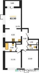 Планировка трехкомнатной(квартира) площадью 62.5 квадратных метров в “ЖК Первый Лермонтовский”