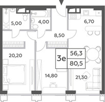 Планировка трехкомнатной(квартира) площадью 80.5 квадратных метров в “ЖК Will Towers (Вилл Тауэрс)”