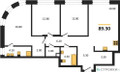 Планировка трехкомнатной(квартира) площадью 89.3 квадратных метров в “ЖК Мариин Парк”