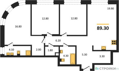 Планировка трехкомнатной(квартира) площадью 89.3 квадратных метров в ЖК “ЖК Mariinn Park (Мариин Парк)”