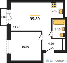 Планировка однокомнатной(квартира) площадью 35.8 квадратных метров в ЖК “ЖК Квартал Метроном”