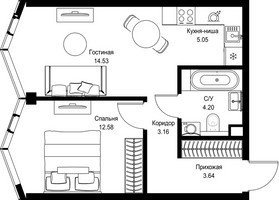 Планировка однокомнатной(квартира) площадью 43.16 квадратных метров в “Дом премиум-класса МИРА”