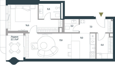 Планировка двухкомнатной(квартира) площадью 68.3 квадратных метров в ЖК “ЖК Springs (Спрингс)”