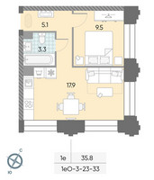 Планировка однокомнатной(квартира) площадью 35.8 квадратных метров в “ЖК ЗИЛАРТ”