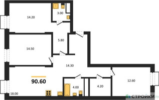 Планировка трехкомнатной(квартира) площадью 90.6 квадратных метров в “ЖК Резиденции Сколково”