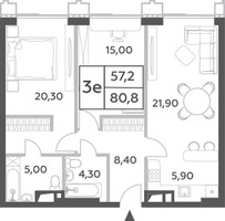Планировка трехкомнатной(квартира) площадью 80.8 квадратных метров в “ЖК Will Towers (Вилл Тауэрс)”