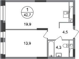 Планировка однокомнатной(квартира) площадью 42.7 квадратных метров в “ЖК Первый Московский”