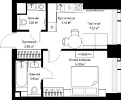Планировка однокомнатной(квартира) площадью 37.25 квадратных метров в “ЖК Веер”