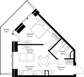 Планировка однокомнатной(квартира) площадью 48.06 квадратных метров в ЖК “ЖК Джойс”