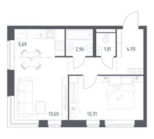 Планировка однокомнатной(квартира) площадью 45.71 квадратных метров в “ЖК Новое Видное”
