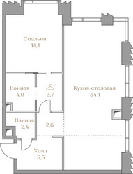 Планировка однокомнатной(квартира) площадью 66.4 квадратных метров в ЖК “ЖК Коллекция Лужники”