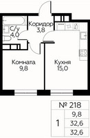 Планировка однокомнатной(квартира) площадью 32.6 квадратных метров в “ЖК Цветочные Поляны Сити”