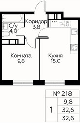 Планировка однокомнатной(квартира) площадью 32.6 квадратных метров в ЖК “ЖК Цветочные Поляны Сити”