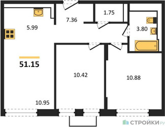 Планировка двухкомнатной(квартира) площадью 51.15 квадратных метров в ЖК “ЖК Квартал Строгино”