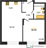 Планировка однокомнатной(квартира) площадью 44.1 квадратных метров в “ЖК Новоград Павлино”