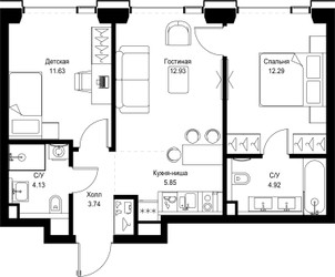 Планировка двухкомнатной(квартира) площадью 55.5 квадратных метров в ЖК “ЖК SET (Сет)”