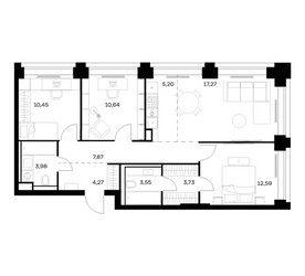 Планировка трехкомнатной(квартира) площадью 79.55 квадратных метров в ЖК “ЖК НОВА”