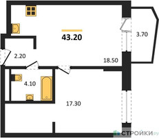 Планировка однокомнатной(квартира) площадью 43.2 квадратных метров в “ЖК "Коллекция"”