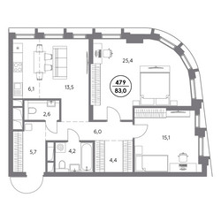 Планировка двухкомнатной(квартира) площадью 83 квадратных метров в ЖК “ЖК Дом 56”