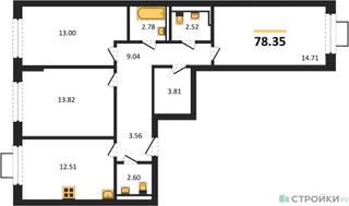 Планировка трехкомнатной(квартира) площадью 78.35 квадратных метров в “ЖК Богдановский Лес”