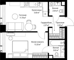 Планировка однокомнатной(квартира) площадью 43.63 квадратных метров в “ЖК Веер”