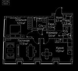 Планировка двухкомнатной(квартира) площадью 65.5 квадратных метров в ЖК “ЖК СЕЗАР БУДУЩЕЕ”