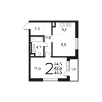 Планировка двухкомнатной(квартира) площадью 44 квадратных метров в “Новые Ватутинки. Заречный”