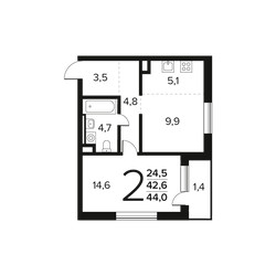 Планировка двухкомнатной(квартира) площадью 44 квадратных метров в ЖК “Новые Ватутинки. Заречный”