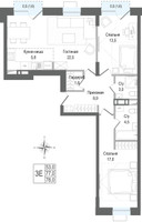 Планировка трехкомнатной(квартира) площадью 77 квадратных метров в “ЖК КИНОКВАРТАЛ”