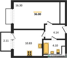Планировка однокомнатной(квартира) площадью 36 квадратных метров в “ЖК Пригород Лесное”