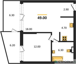 Планировка однокомнатной(квартира) площадью 49 квадратных метров в ЖК “ЖК VERY на Миклухо-Маклая (Вери на Миклухо-Маклая)”